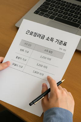 정부 자료 속 근로장려금 소득 기준표를 확인하는 모습