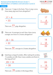 MamaLovePrint . Grade 1 Math Worksheets . Words Problem Addition and Subtraction PDF Free Download