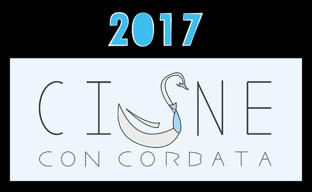 First image description: the words Cisne con corbata written with thin gray lines, instead of the letter S, theres a gray swan with a pale blue tie and beak. All of this is contained on a black rectangle with the legend 2017. End description