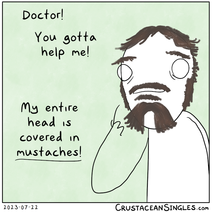 A distraught person has a great deal of head and facial hair, all of it somewhat resembling mustaches. "Doctor! You gotta help me! My entire head is covered in *mustaches*!"