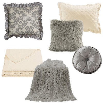 Kerrington bedding collection euro and gray accent pillow, Gray Mongolian Faux Fur Pillow and Throw