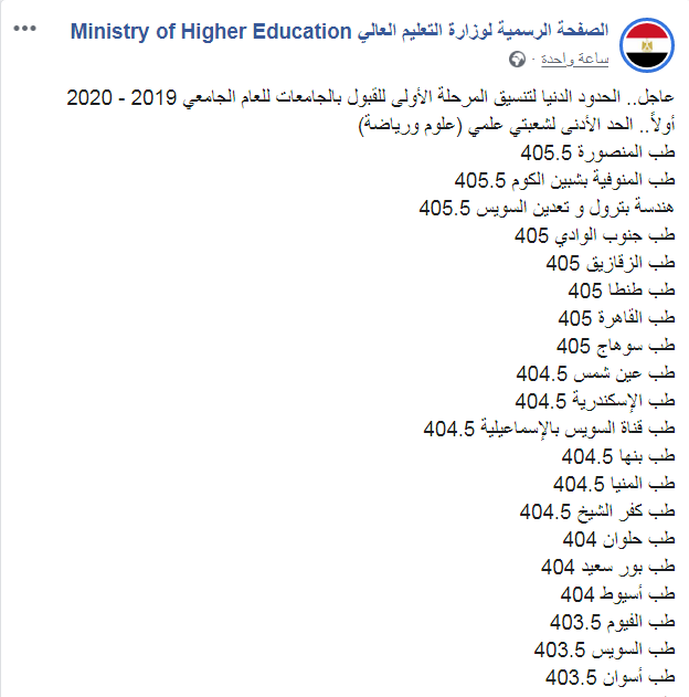 الحدود الدنيا لتنسيق المرحلة الأولى للقبول بالجامعات للعام الجامعي 2019 - 2020