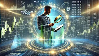 "A futuristic financial illustration featuring a businessman with a magnifying glass analyzing stock data on a holographic screen. Highlighted green stocks represent undervalued investment opportunities, with a background of glowing stock charts, financial graphs, and a modern trading floor."