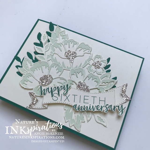 By Angie McKenzie for Stamping INKspirations Blog Hop; Click READ or VISIT to go to my blog for details!  Featuring the Many Layered Blossoms Dies, Floral Heart Dies, Be Dazzling Specialty Paper (Sale-a-Bration), Milestone Moments Stamp Set (retired) and So Sentimental Stamp Set (retired) by Stampin' Up!® to create a 60th anniversary card; #anniversarycard #manylayeredblossoms #floralheart #bedazzling #milestonemoments #sosentimental #60yearsofmarriage #stampinginkspirationsbloghop #naturesinkspirations #diamondanniversary #lifetimecelebrations #handmadecards #specialenvelopes