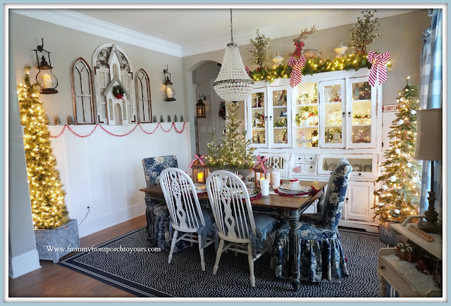 Cottage -Farmhouse -Christmas- Dining -Room-Blue & White Decor-French Country Chairs-Pottery Barn Mia-Chandelier-White-Dining-Cabinet-From My Front Porch To Yours