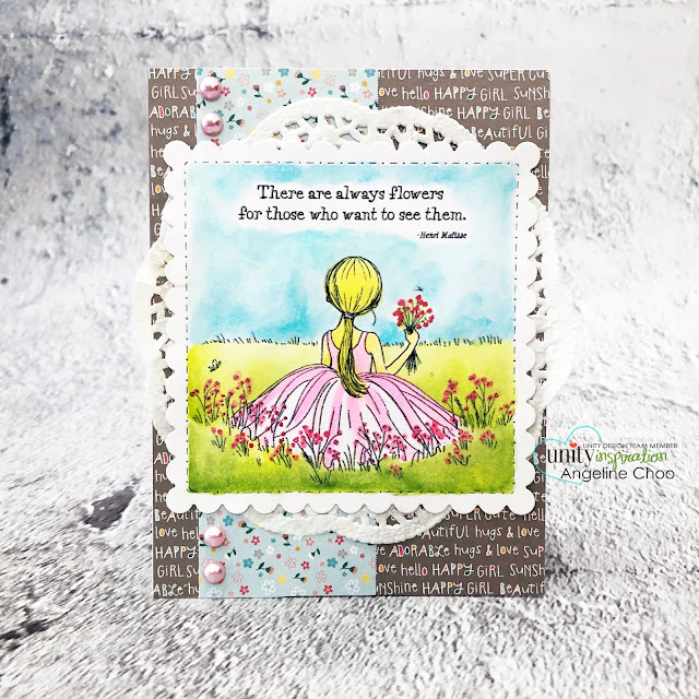 ScrappyScrappy: Unity Stamp with Graciellie Designs & Phyllis Harris - Happiness by choice #scrappyscrappy #unitystampco #gracielliedesign #phyllisharris #cardmaking #card #handmadecard #papercraft #rubberstamp #happinessbychoice #girlpickingflowers #flowerfield #doily #watercolor #watercolorpainting 