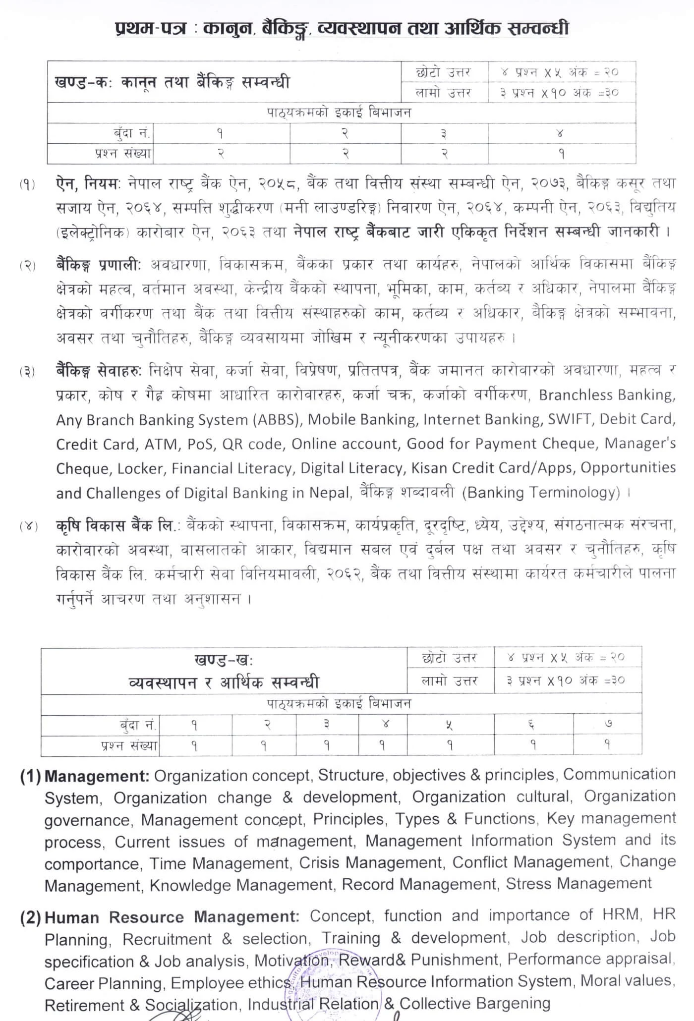 Syllabus of Agricultural Development Bank Level 6 Computer Operator