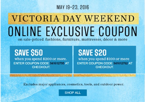 Sears Victoria Day Weekend Exclusive $20-$50 Off Promo Codes