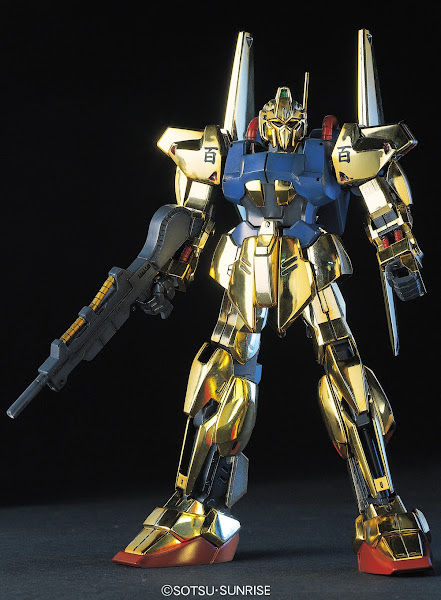 Click to enlarge image Assembled Hyaku Shiki (1999) kit, showing its brilliant gold plating and rifle.