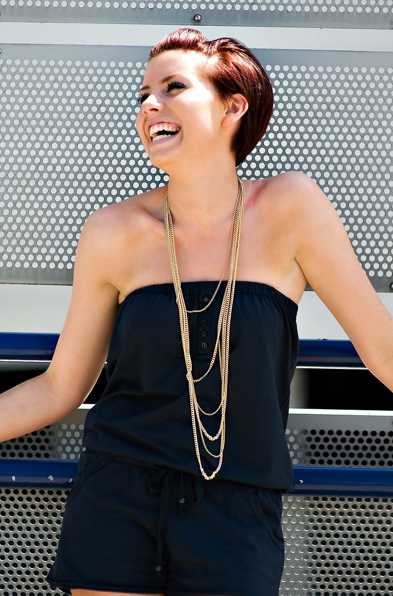 London Street Style...Strapless Romper, Gold Chains, Gladiators and a Killer Smile :)