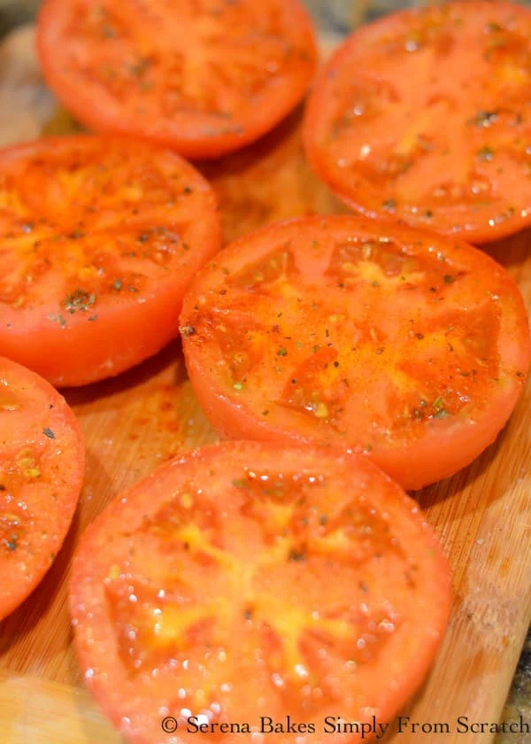 Season cut side of tomato with Italian Seasoning, Granulated Garlic and Smoked Paprika.