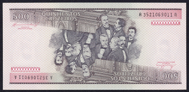 Brazil money currency 500 Cruzeiros banknote 1984 Proclamation of the Republic in Brazil, 1889