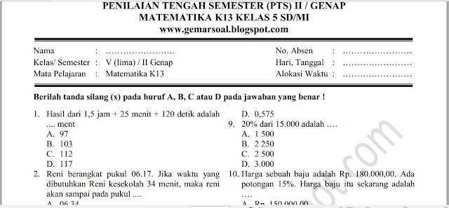 Soal Dan Kunci Jawaban Pts Matematika Kelas V 2019 2020 Semester 2