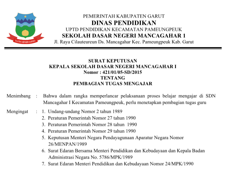 SK Pembagian Tugas Mengajar - Contoh Format Surat 