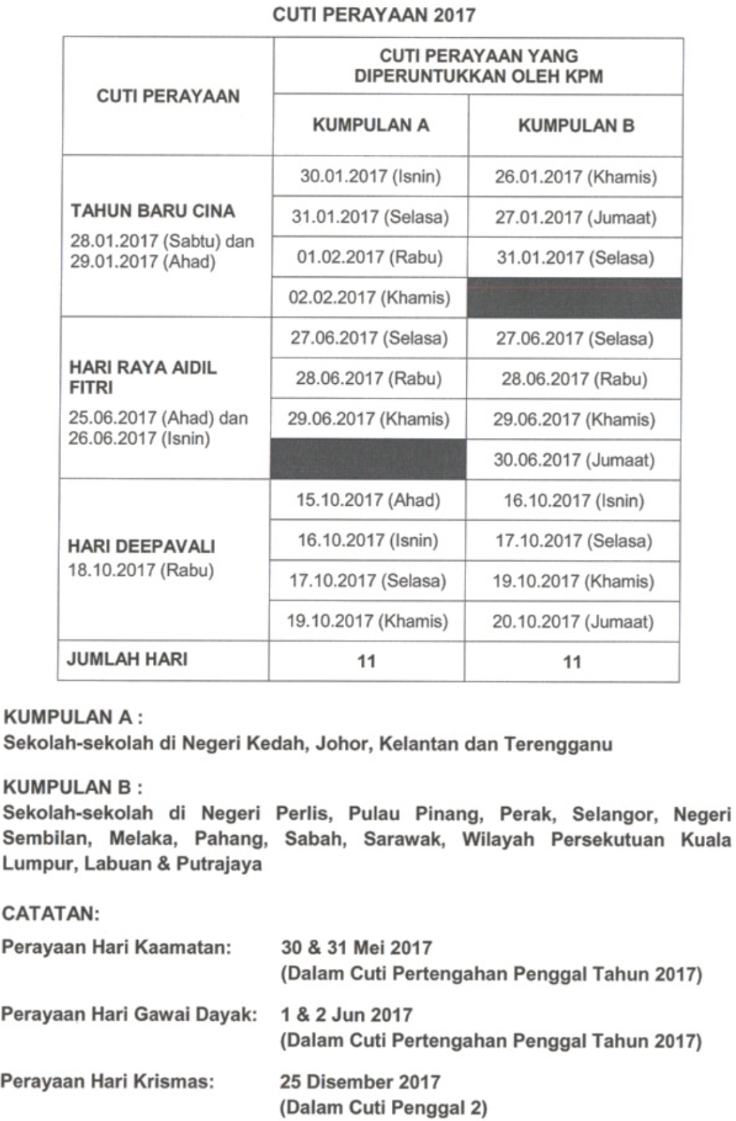 Malaysia School Holiday 2017 Calendar Kalendar Cuti Sekolah 2017