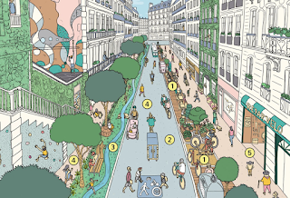 An overview illustration of what paris might look like, focusing on walking and cycling, with trees, street art, and a climbing wall.