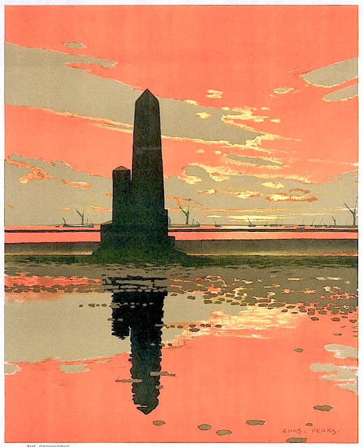 a 1929 Charles Pears poster illustration of a seaside tower in silhouette