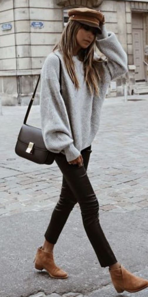 casual style obsession / hat + bag + oversized sweater + black skinnies + boots