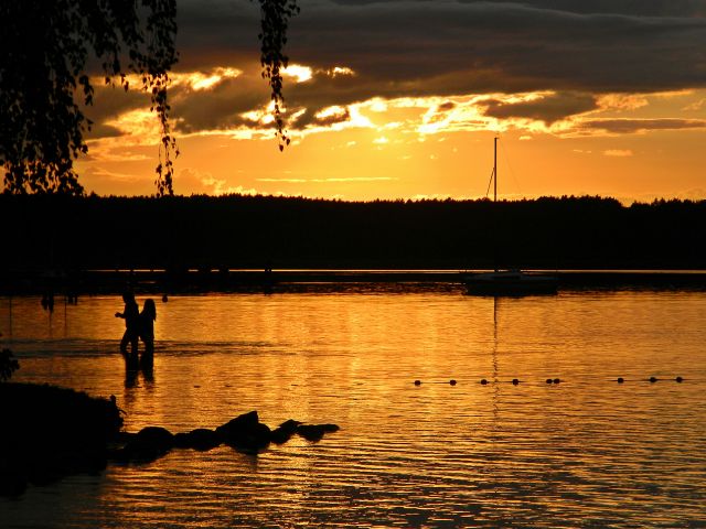 ludzie, kąpiel, zachód słońca, jezioro, Niesulice, Niesłysz, Kormoran