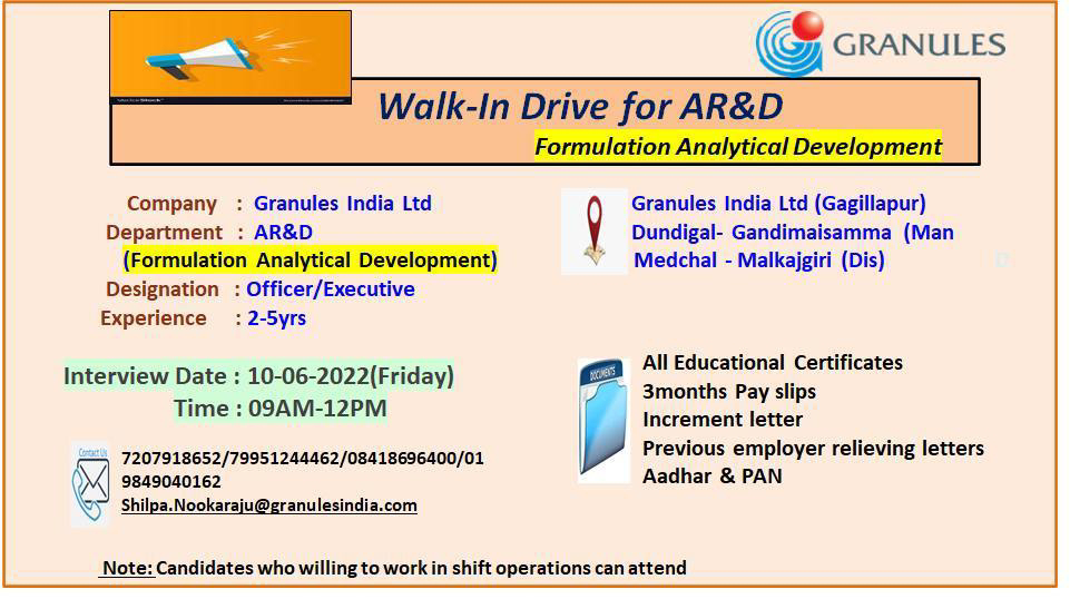 Job Available's for Granules India Ltd Walk-In Interview for  AR&D Formulation Analytical Development