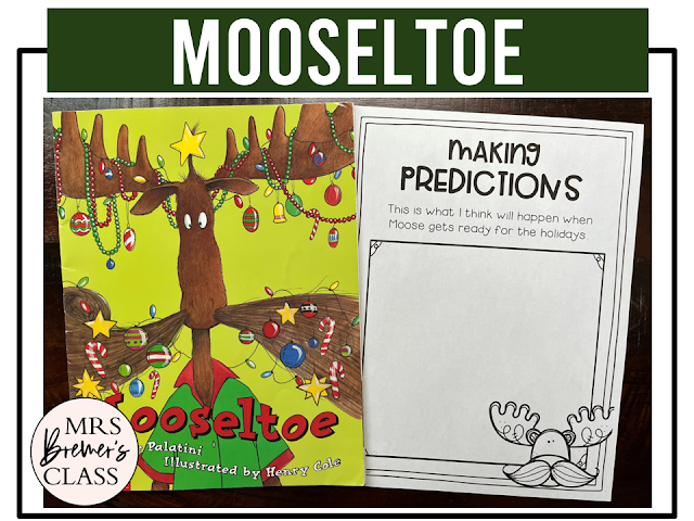Mooseltoe book activities unit with literacy printables, reading companion activities, lesson ideas, and a craft for Kindergarten and First Grade