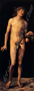 Adam (1507), One of the first life-size nudes in the history of German painting, this work was painted after Durer's second visit to Italy. The continuous contours of the body and the soft modeling of the flesh replace the earlier sharply defined, muscular figures in The Fall of Man. 