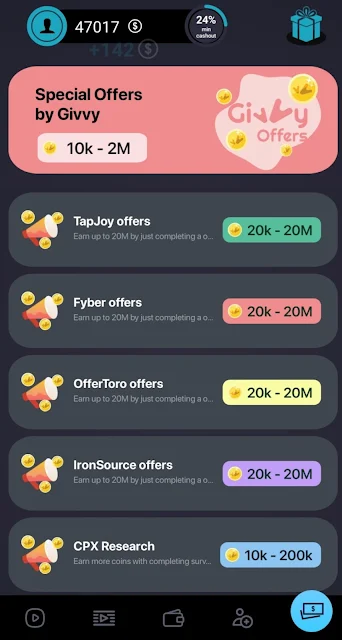 Offer, Reward and Task type table.