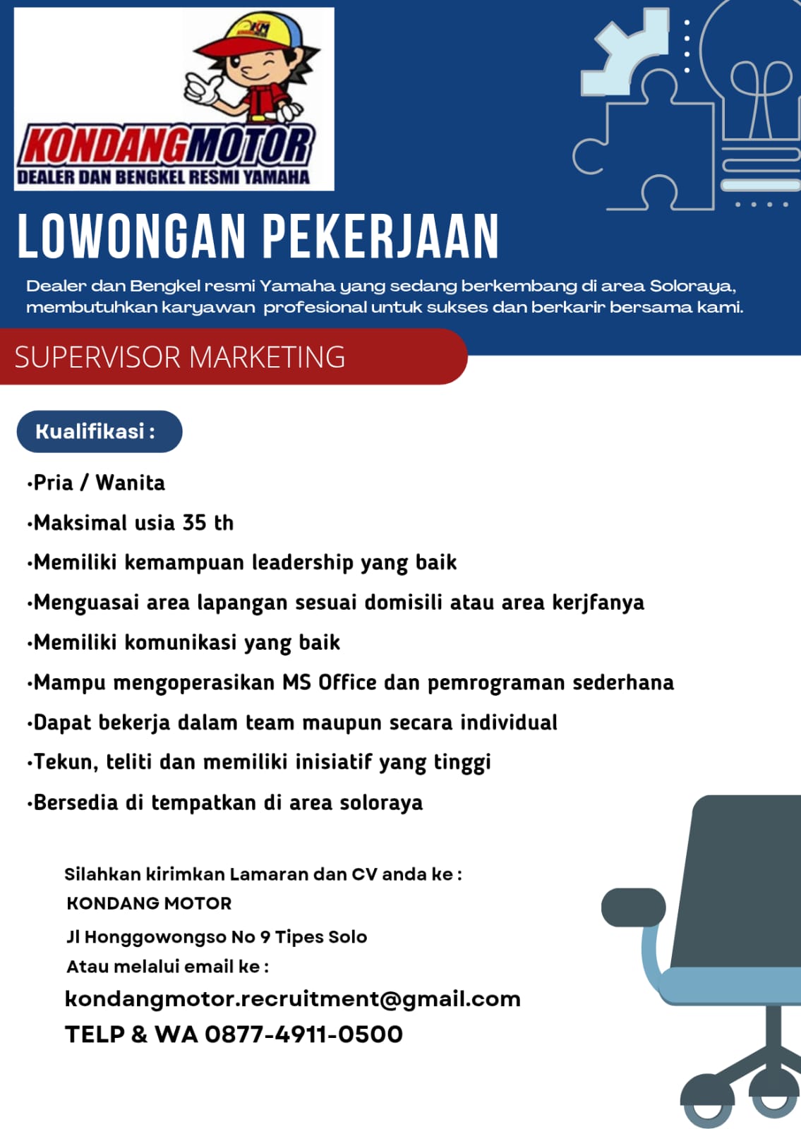 Loker Solo Raya Update di Dealer dan Bengkel Resmi Yamaha Kondang Motor
