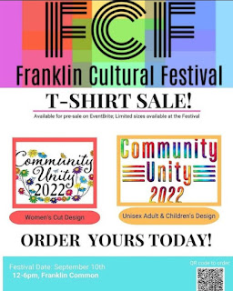 Get your pre-order in for a Franklin Cultural Festival t-shirt by Sep 9, pick it up Sep 10