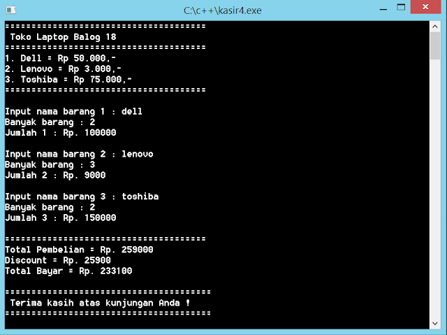 Gambar hasil runing Contoh program c++ kasir sederhana toko elektronik komputer dan laptop