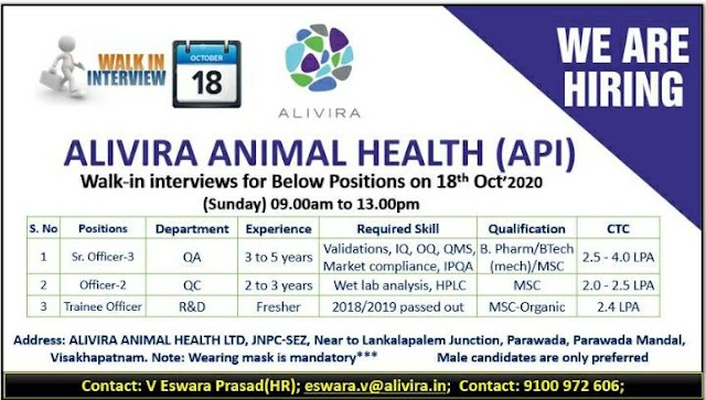 Alivira Animal Health | Walk-in for QA/QC/R&D(Fresher)  on 18 Oct 2020 at Visakhapatnam 