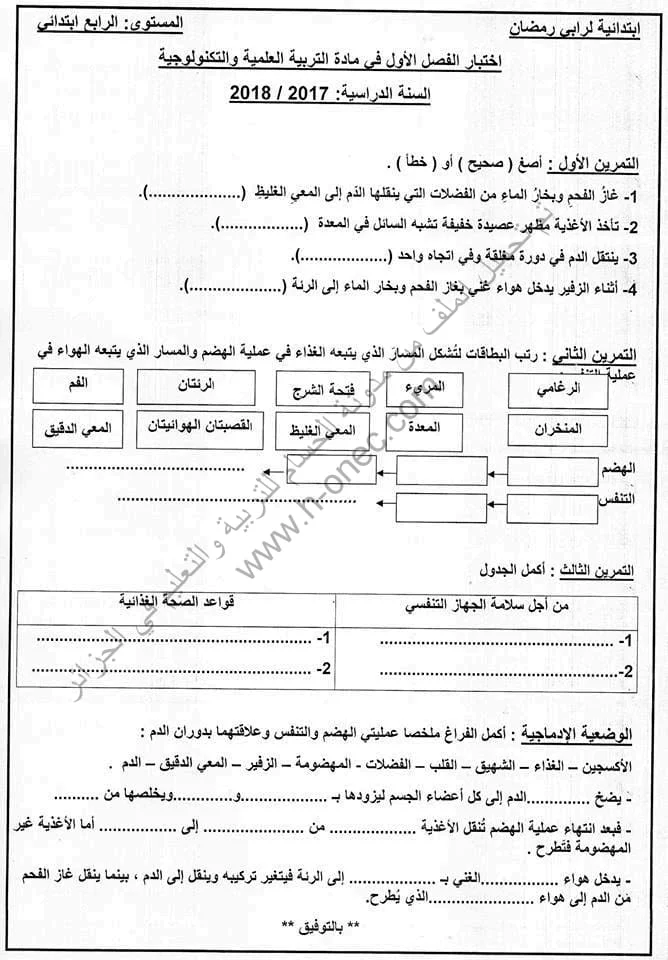 نماذج اختبارات مادة التربية العلمية للسنة الرابعة ابتدائي الفصل الأول الجيل الثاني