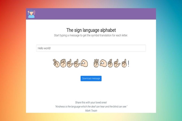 خدمة مجانية لترجمة أي كلمة أو عبارة إلى لغة الإشارة باستخدام أبجدية الصم بطريقة بسيطة