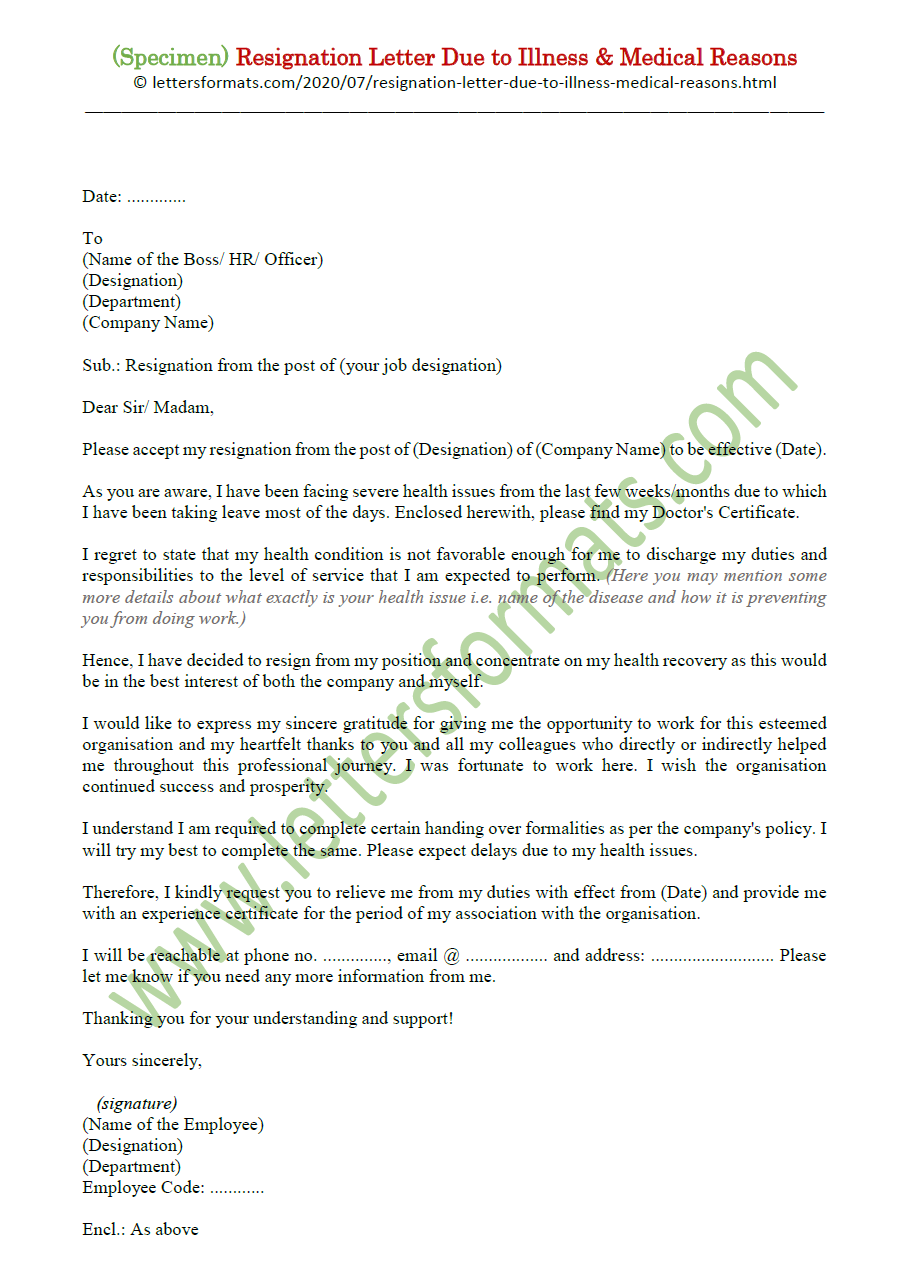 Resignation Letter Due To Illness Medical Reasons Sample