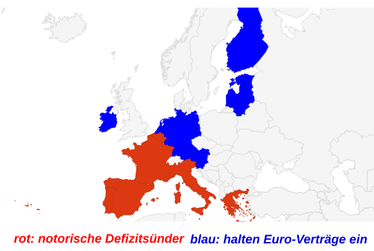 Eurozonen-Karte nach Defizitsündern und Euroländern, die sich an den Maastricht-Vertrag halten