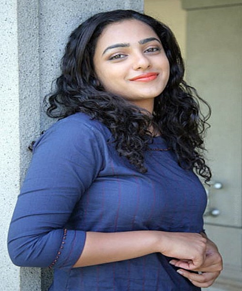 Nithya Menon Red Lips Wallpapers with Blue Top