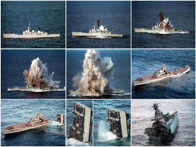 El casco de la fragata australiana HMAS Farncomb se hunde en un ejercicio de torpedo Mk.48 ADCAP.