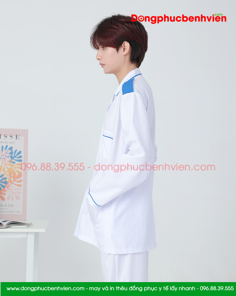 Áo blouse trắng điều dưỡng nam nữ có viền xanh và cầu vai - Áo blu điều dưỡng, y tá cho thực tập sinh