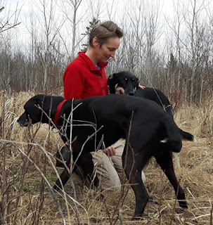 Kristi Benson, dog trainer, in a field with two of her dogs