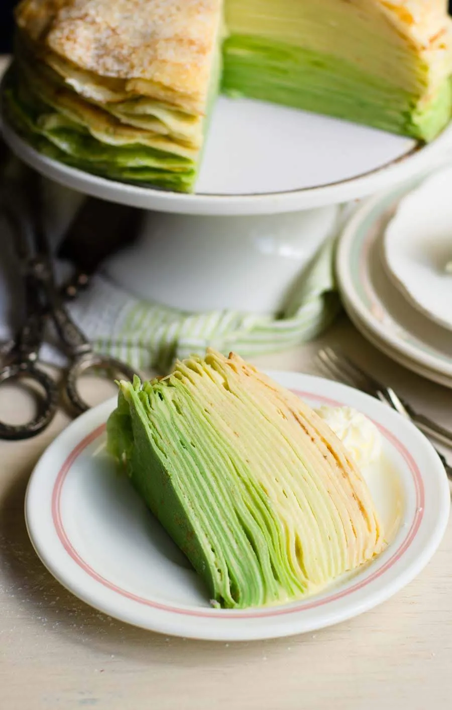 A slice of Green ombre durian crepe cake