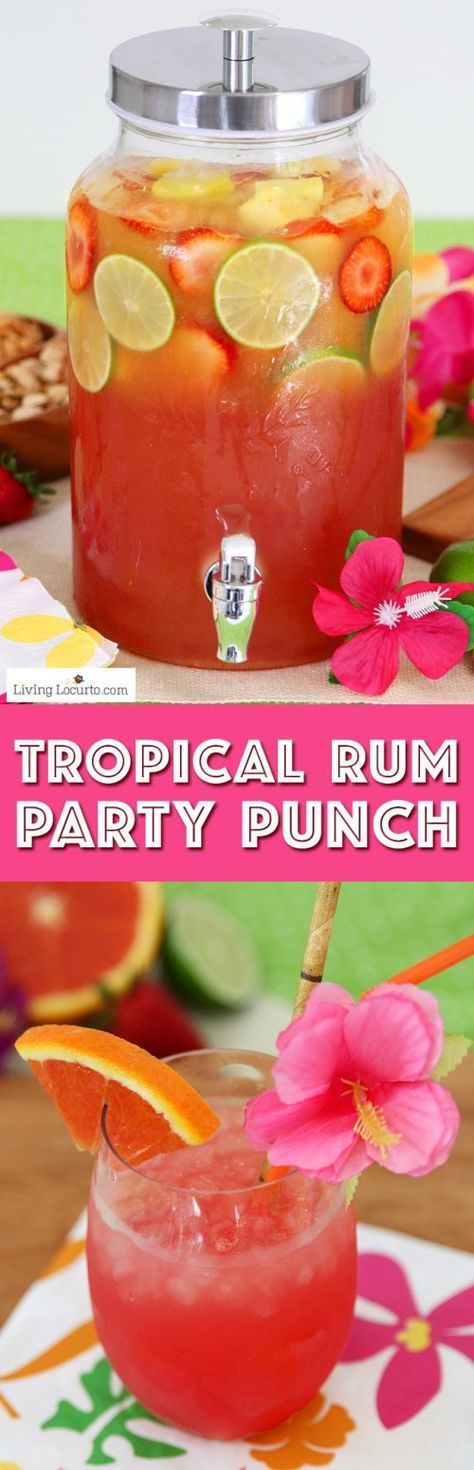 Summer Luau Party Ideas! Tropical rum punch is a delicious summer cocktail recipe for a luau party or to sip by the pool! A mix of juice and coconut rum for a pretty layered drink.