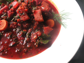 Hearty Vegetarian Beet Borscht with Lentils, Quinoa and Fresh Dill