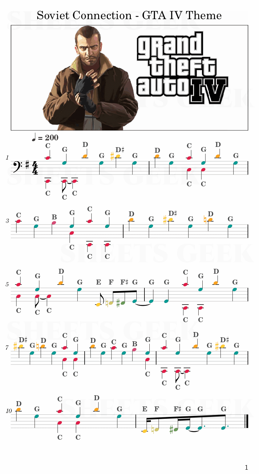 Soviet Connection - Grand Theft Auto (GTA) IV (4) Theme Easy Sheet Music Free for piano, keyboard, flute, violin, sax, cello page 1