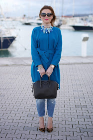 Givenchy Antigona bag, Zara blue statement necklace, Sapphire blue coat, Fashion and Cookies, fashion blogger