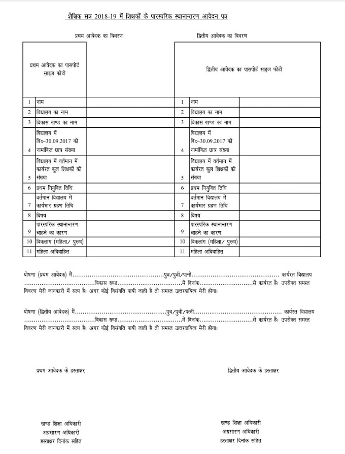 जनपद के भीतर पारस्परिक स्थान्तरण 2018-19 हेतु फॉर्मेट
