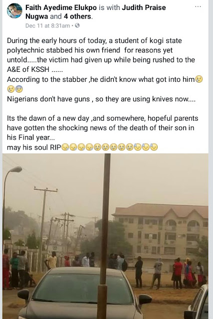 Graphic: Final year student of Kogi State Polytechnic stabbed to death by his friend