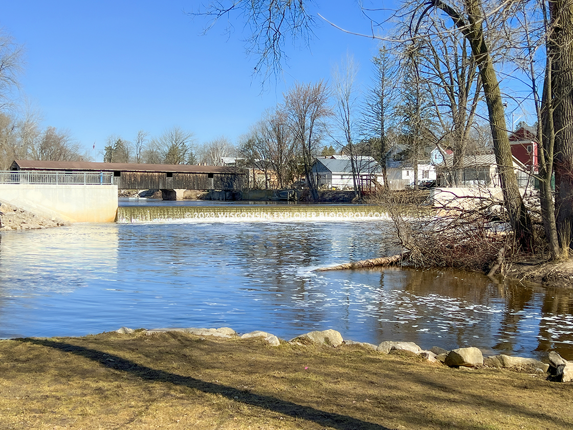 river, mill mond, dam, and covered bridge