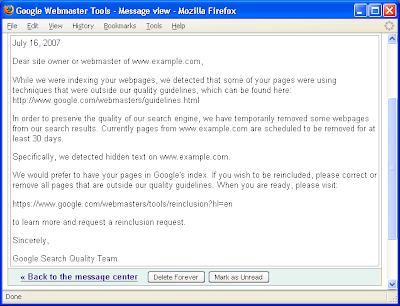 Message from Google Webmaster tools team