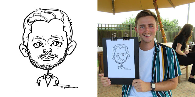A live caricature portrait and a photo with a smiling male
