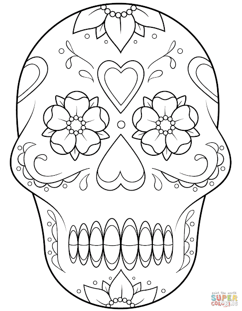 Sugar Skull With Flowers And Hearts Coloring Page Free Printable